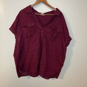 J Jill Women Size 2XL Shirt Blouse Burgundy Short‎ Sleeve Plus Size